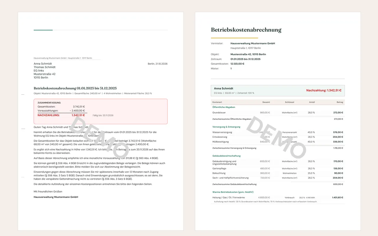 Nebenkostenabrechnung als PDF: Anschreiben mit Zusammenfassung und Kostenaufstellung (Muster)